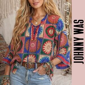 Johnny Was silk blouse print tassels embroidery detail XL